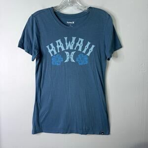 Hurley Hawaii Hibiscus Tropical Flower Graphic Blue T-Shirt Juniors's Size L